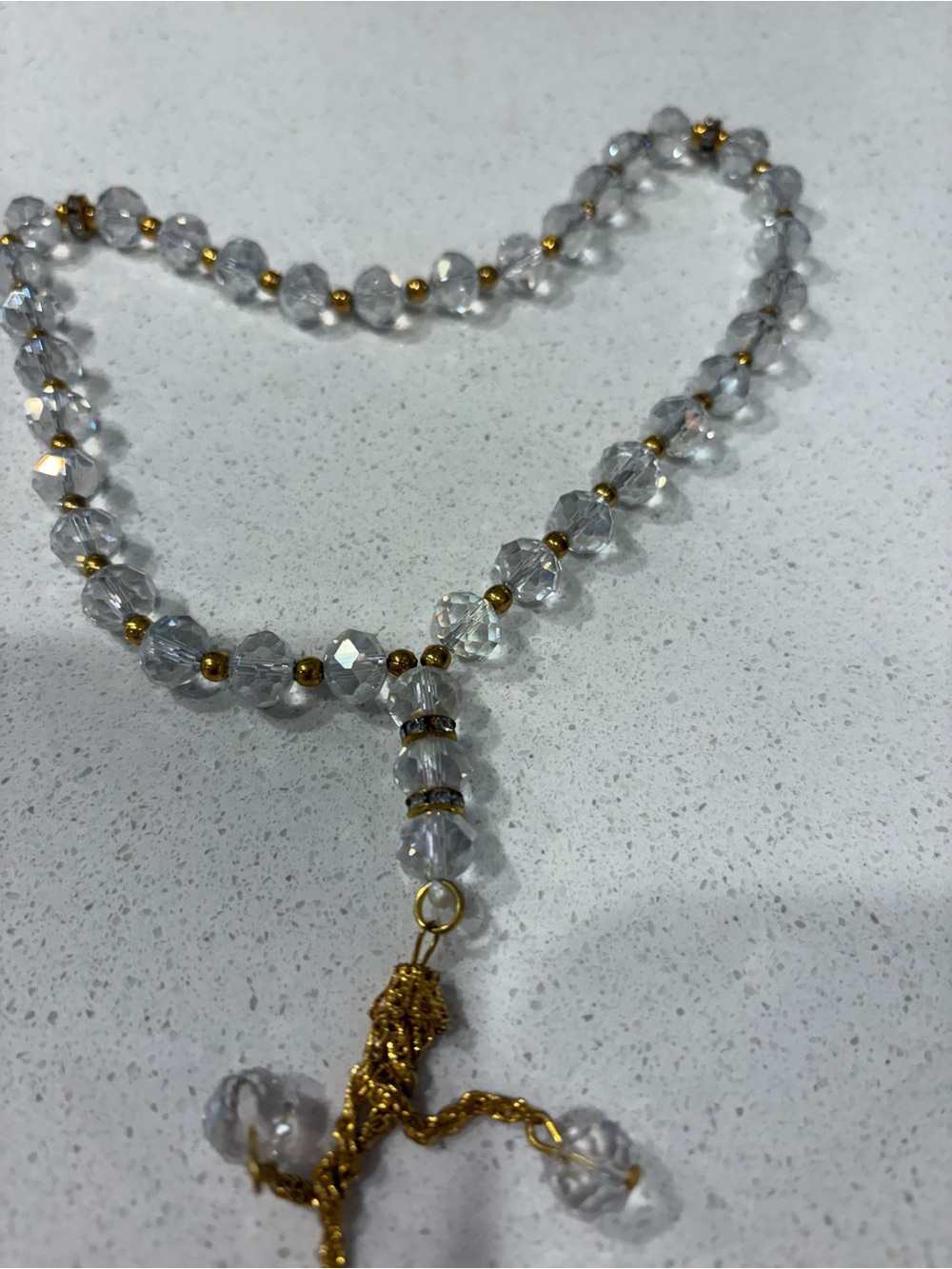 Crystal Bead Necklace with Gold Accents - Clear and Gold